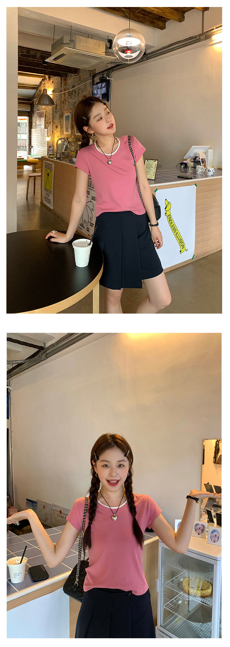 Huangyi Korean Double-Layer Collar Fake Two-Piece Short-Sleeved T-Shirt for Women 2025 Summer Short Slim Right Shoulder Top 142Th419