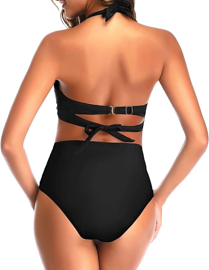 New Amazon Cross-border High Waist Neck Printed Strap Tankini Split Swimsuit European and American Slim Bikini