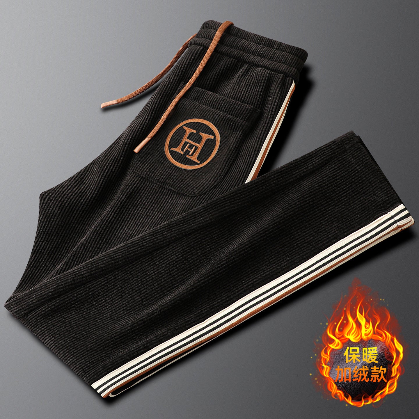 Light Luxury creamy-white fleece-lined Thickened Corduroy Casual Pants Men's Slim-fit Small Straight Pants Autumn and Winter Men's Sports Pants