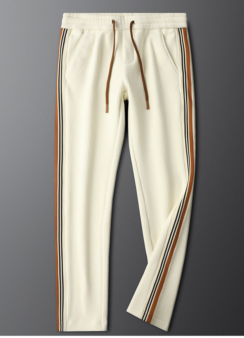 Light Luxury creamy-white fleece-lined Thickened Corduroy Casual Pants Men's Slim-fit Small Straight Pants Autumn and Winter Men's Sports Pants