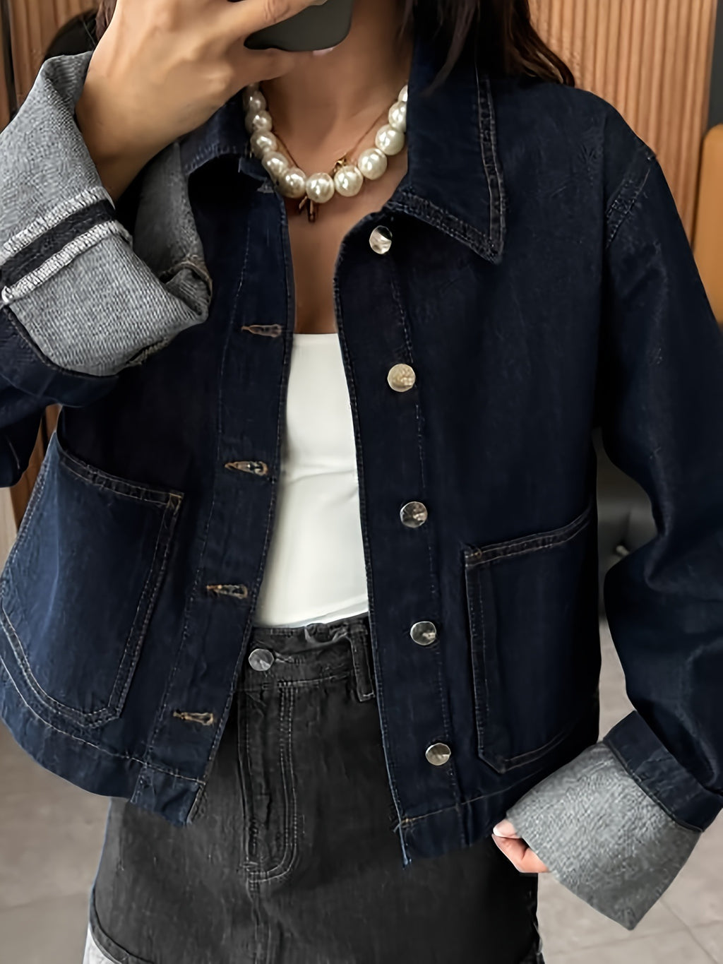European and American Women's Original Color Denim Rolled Edge Long Sleeves Non-Elastic Casual Denim Jacket