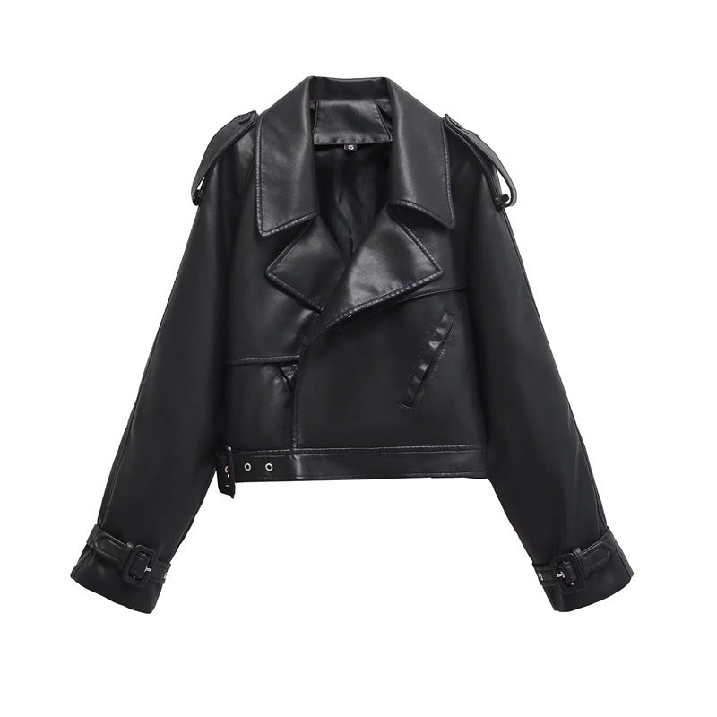 European and American Style Deep Retro Lapel Imitation Leather Jacket Top Autumn and Winter New Street Style Loose Pure Color Casual Jacket for Women