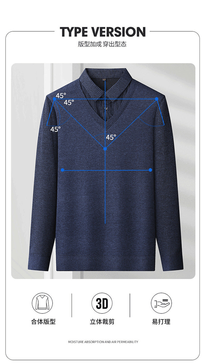 Spring, autumn and winter fashion fake two-piece long-sleeved T-shirt men's trendy casual shirt shirt collar personalized bottoming shirt top
