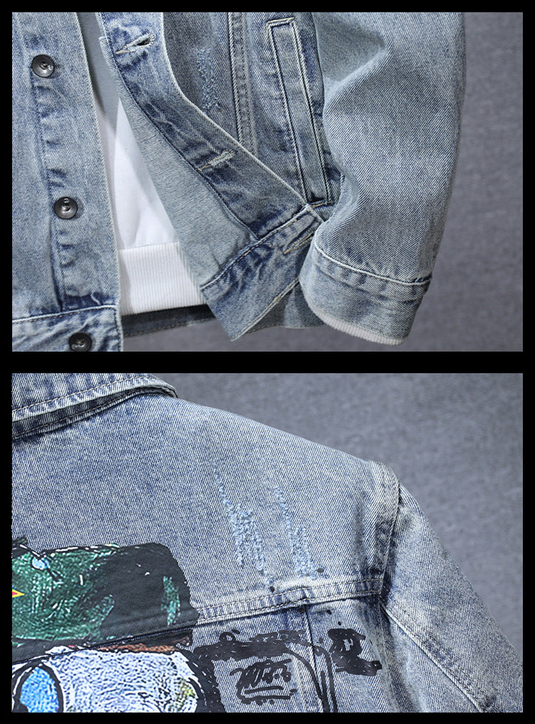Autumn 2024 Men's Denim Jacket Coat Printed Casual Handsome Fashion Brand All-match Top Men's Jeans