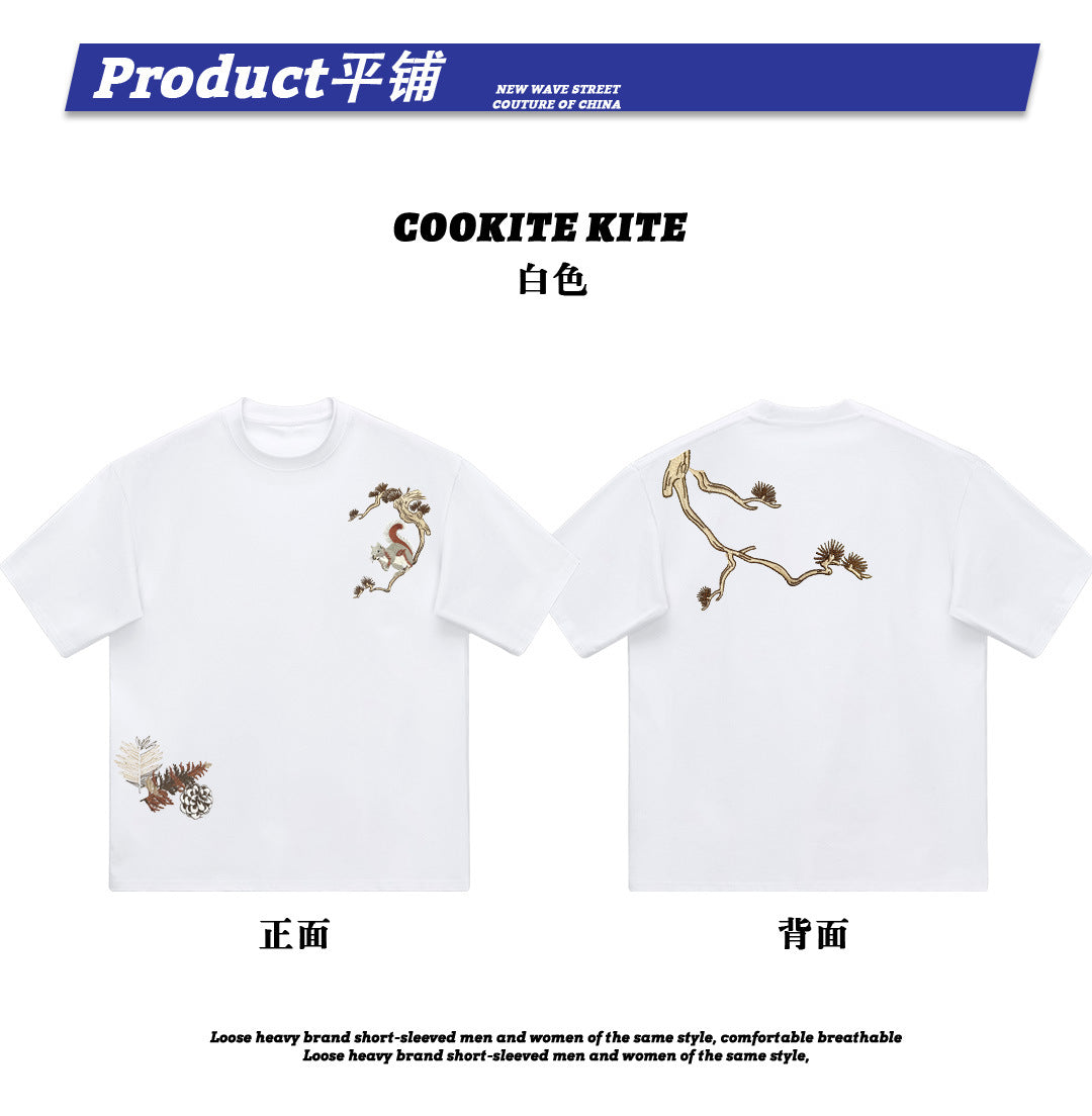 2026 New Heavyweight Pure Cotton Printed Round Neck Short-Sleeve T-Shirt with Squirrel Design, Loose Casual Style for Men and Women, Couple's Half-Sleeve Ins