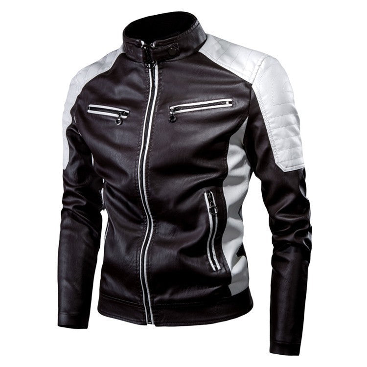 Foreign Trade Cross-border Leather Jacket Color Collar PU Leather Biker Jacket Spring and Autumn Thin Casual Leather Jacket for Men ebay