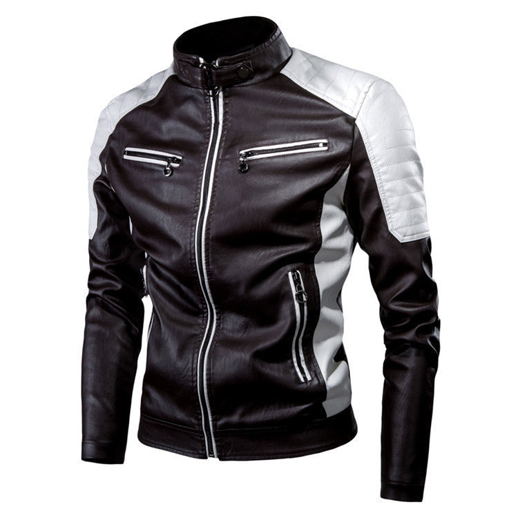 Foreign Trade Cross-border Leather Jacket Color Collar PU Leather Biker Jacket Spring and Autumn Thin Casual Leather Jacket for Men ebay