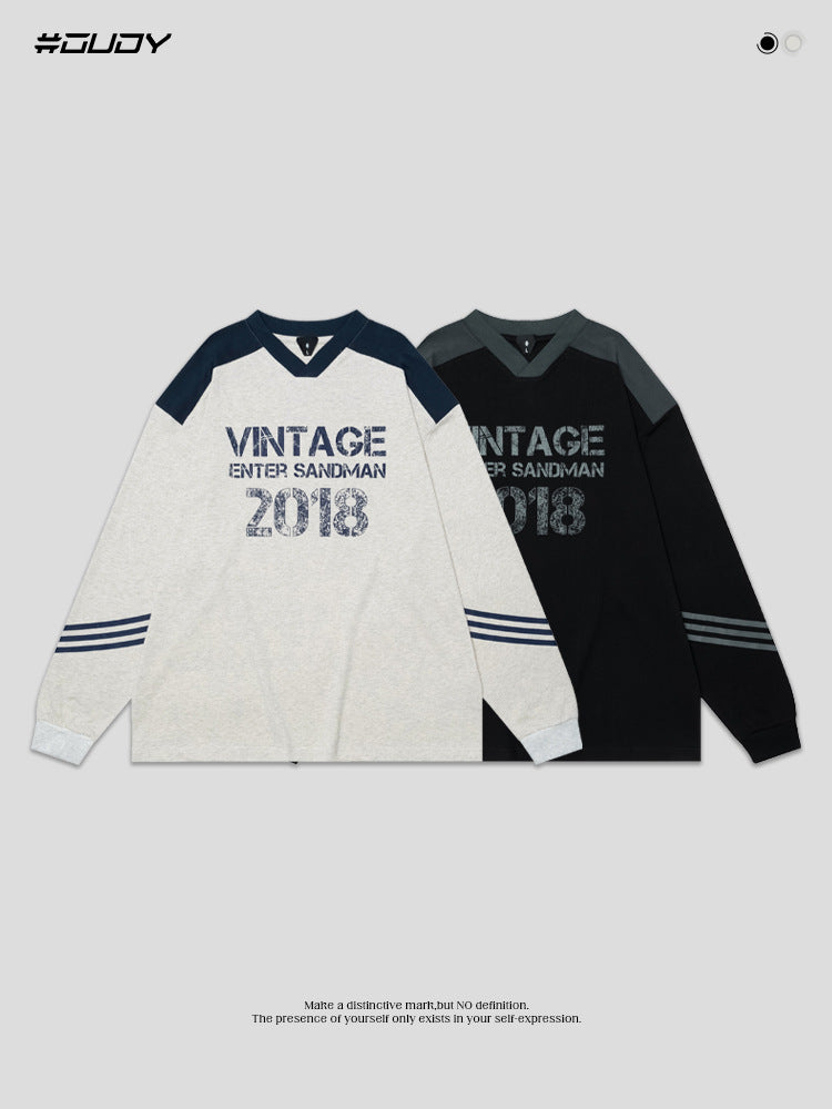 # Ovdy Autumn and Winter American Jersey Retro Letter Print New Small V-Neck Long-Sleeved T-Shirt Trendy Brand for Men and Women