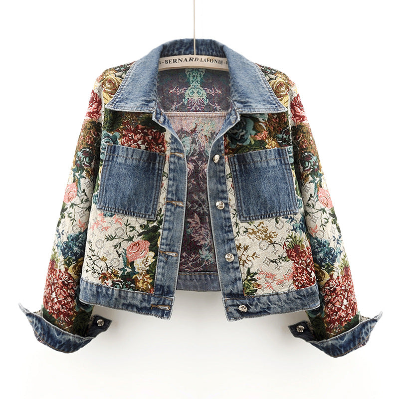 2024 Spring New All-match Printed Stitching Long Sleeve Lapel Denim Coat Women's Short Small Top Jacket
