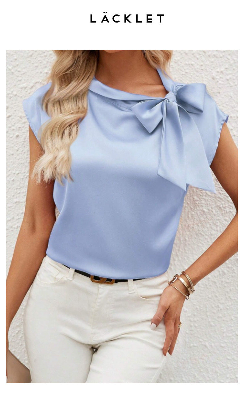 Half Open Collar Bow Satin Top Niche Design Satin Women's Clothing Amazon Cross-border European and American New T-shirt