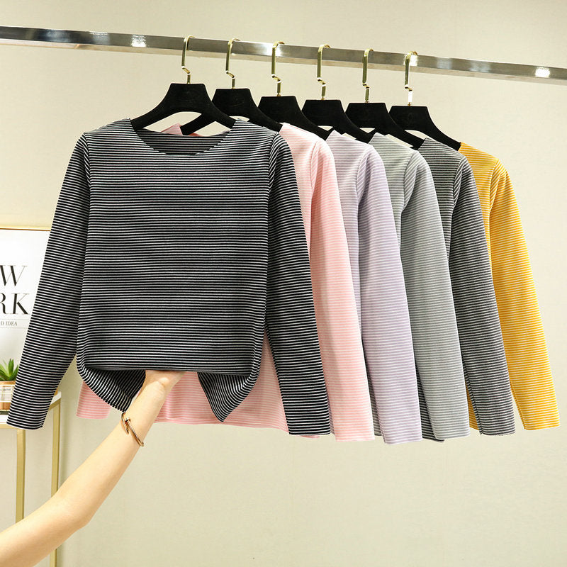 Crewneck Striped Base Shirt Women's Inner Wear Fall/Winter German Velvet 2022 New College Style Long Sleeve T-Shirt Warm Top