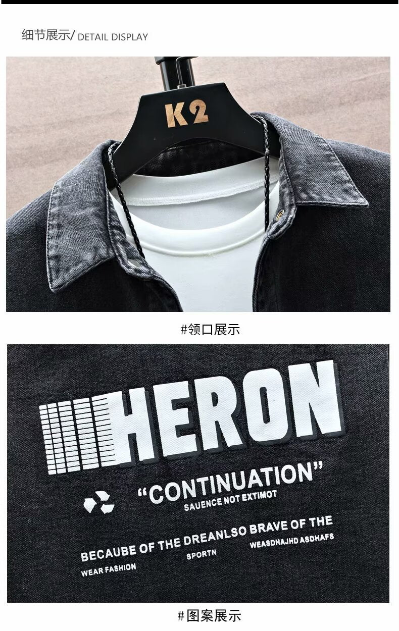 Black American Style Denim Jacket Men's Spring and Autumn New Fashion Brand Loose Printed Retro Jacket for Boys