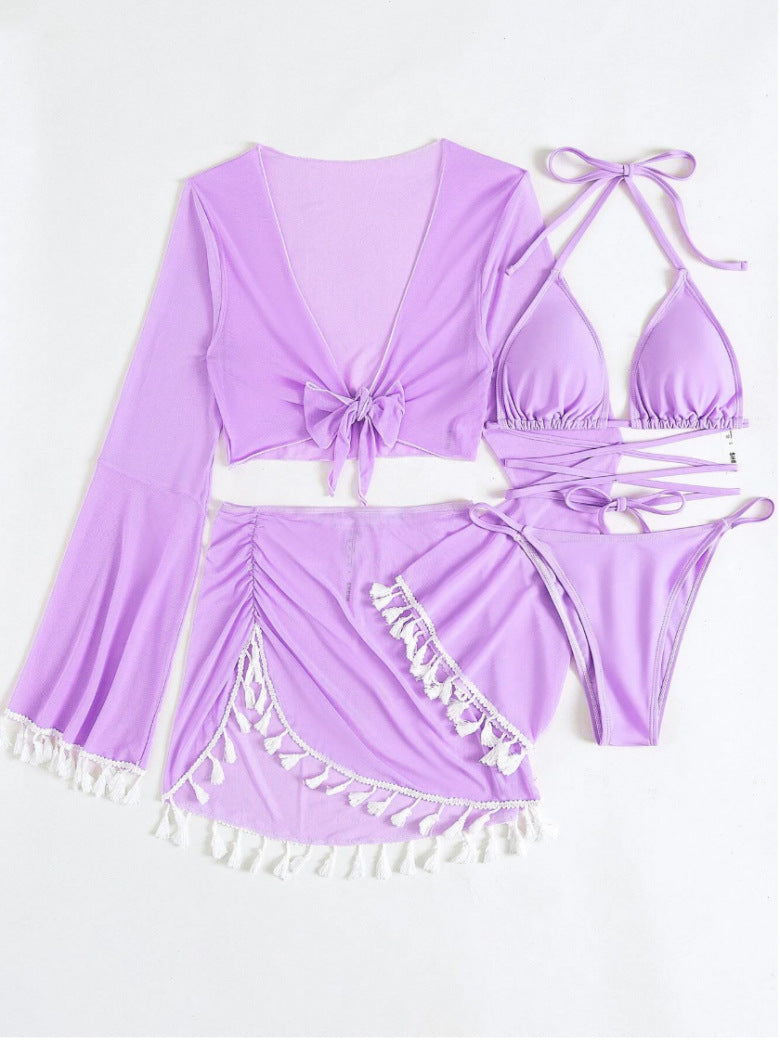 2026 Tassel Mesh Cover-Up Short Skirt Four-Piece Bikini New Thai Ins Style Cross-Border Solid Color Swimsuit for Women