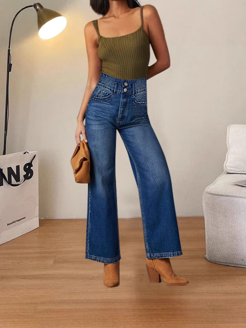 Amazon Aliexpress Cross-Border European and American Mid-Waist Comfortable Straight-Leg Denim Pants Women's Clothing Source Factory