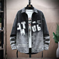 Black American Style Denim Jacket Men's Spring and Autumn New Fashion Brand Loose Printed Retro Jacket for Boys