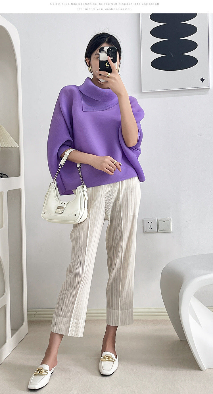 2026 Pleated Lapel Batwing Sleeve Top for Women, Spring and Autumn Style, Loose Fit, Plus Size, Long Sleeve, Pleated Solid Color Base Shirt T-Shirt