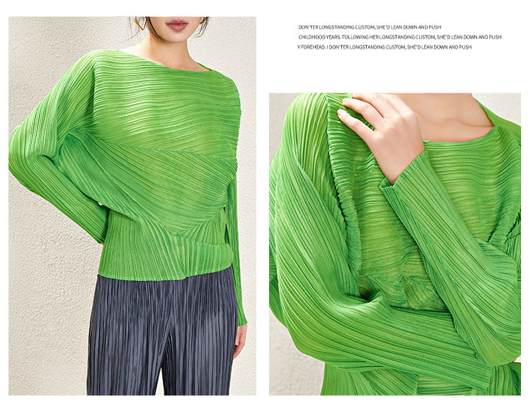 Miyake Irregular Long Sleeve Top Women's 2025 Spring and Autumn Design Solid Color Loose Casual Easiest for Match Bat Sleeve T-Shirt