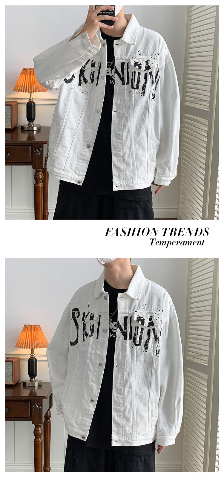 Autumn American graffiti letter printing handsome high street Denim jacket men and women couple all-match youth loose jacket