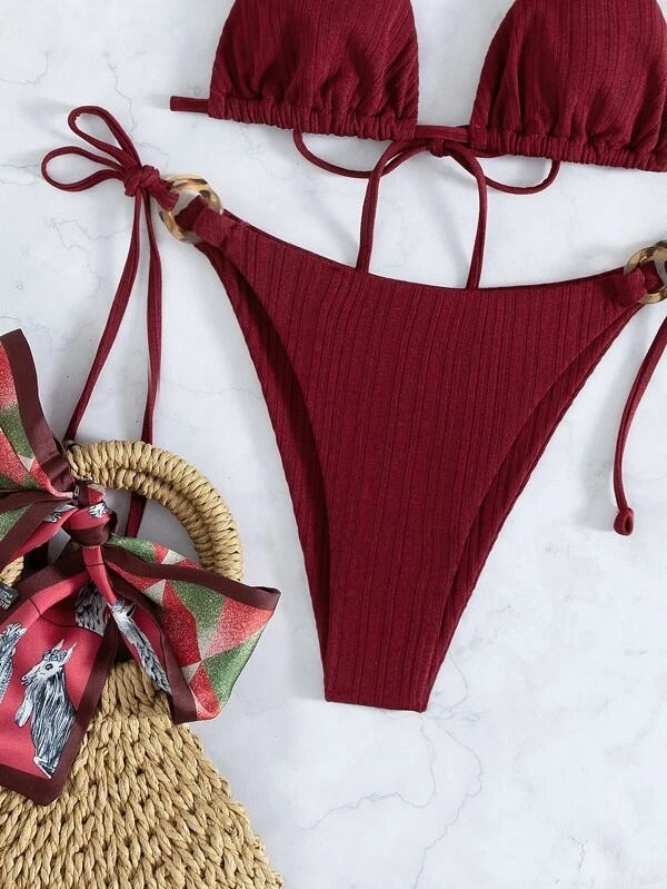 2024 New Ins Swimsuit for Women Split Bikini Two-Piece Set Fairy Style Sexy Pure Color Lace-Up Swimsuit for Women