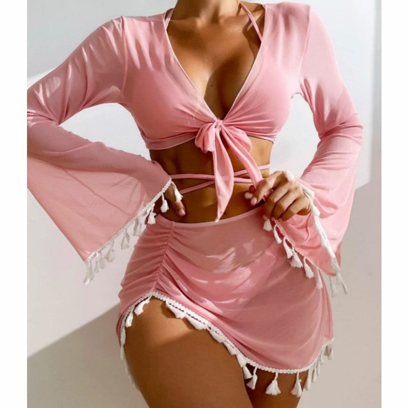 2026 Tassel Mesh Cover-Up Short Skirt Four-Piece Bikini New Thai Ins Style Cross-Border Solid Color Swimsuit for Women