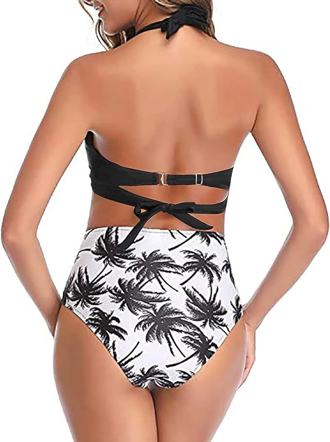 New Amazon Cross-border High Waist Neck Printed Strap Tankini Split Swimsuit European and American Slim Bikini