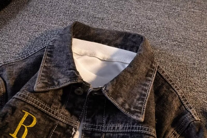 Autumn and Winter Denim Jacket Men's Korean-style Trendy Letter Printed Hong Kong-style Jacket Trendy Simple Loose Casual Denim Jacket