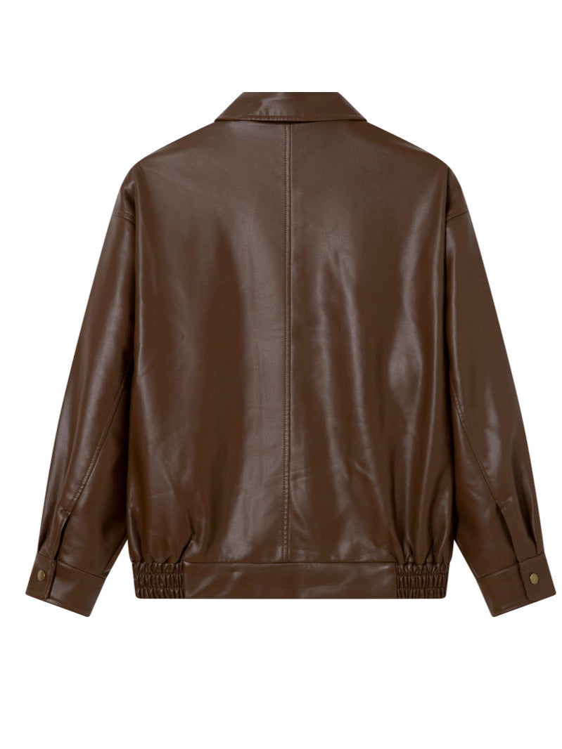 2025 Spring and Autumn Women's Leather Jacket, Faux Protein Pu Leather Motorcycle Jacket, Cool and Stylish Korean Version Versatile Loose Coat