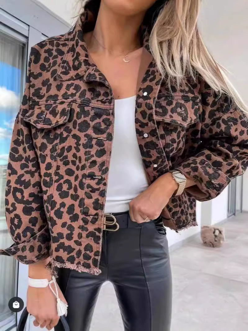2024 Amazon Europe and the United States cross-border explosions tide washed old leopard print fur Denim coat women's jacket