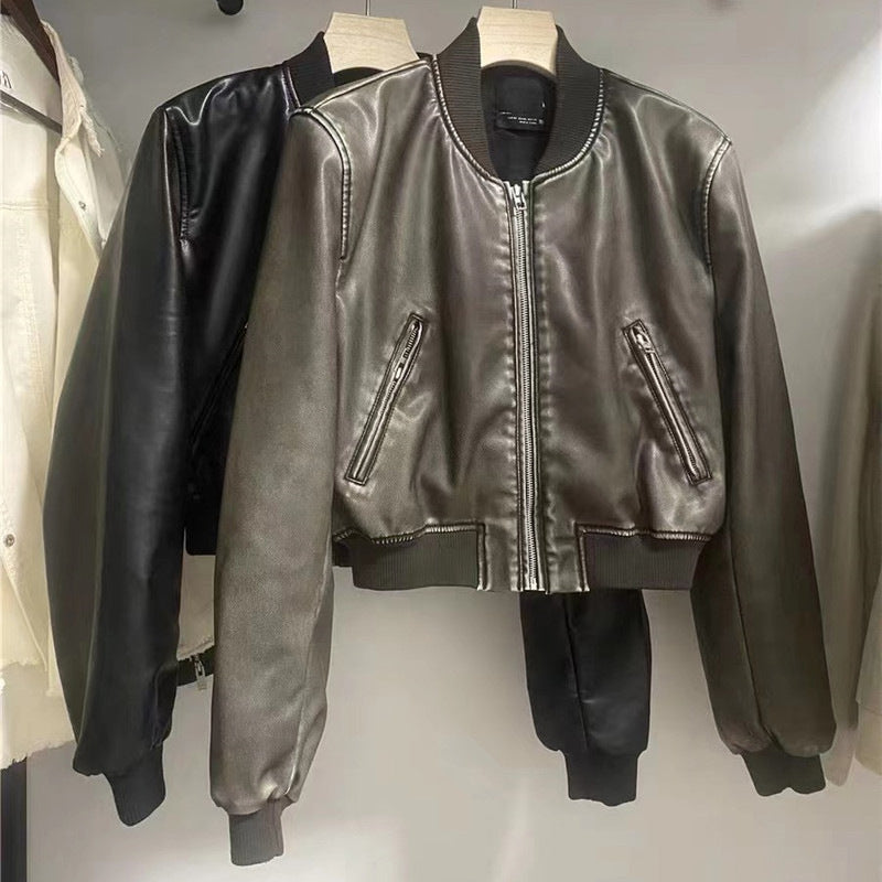 Spring and Autumn New American Style Leather Jacket Retro Style Old Faux Leather Aviator Jacket Coat Women's Round Neck Flying Suit Top