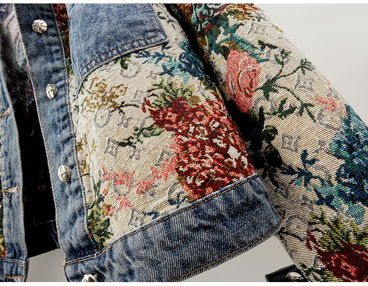 2024 Spring New All-match Printed Stitching Long Sleeve Lapel Denim Coat Women's Short Small Top Jacket