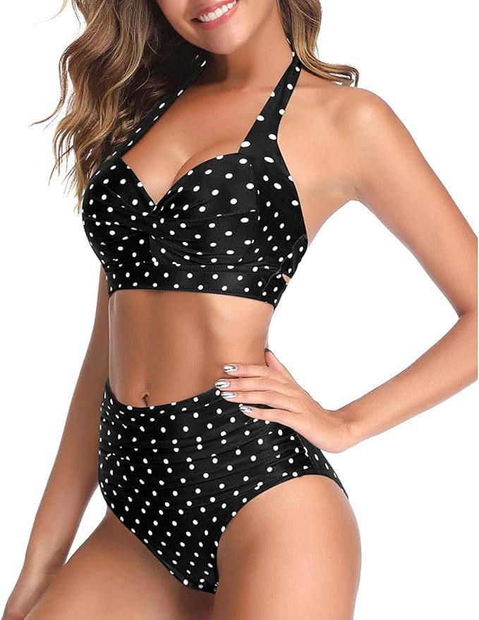 New Amazon Cross-border High Waist Neck Printed Strap Tankini Split Swimsuit European and American Slim Bikini