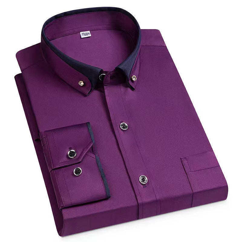 Business Shirts, Long-Sleeved Men's Shirts, No-Iron, Four-Way Stretch, Diamond Button Shirts, Men's Long-Sleeved Shirts