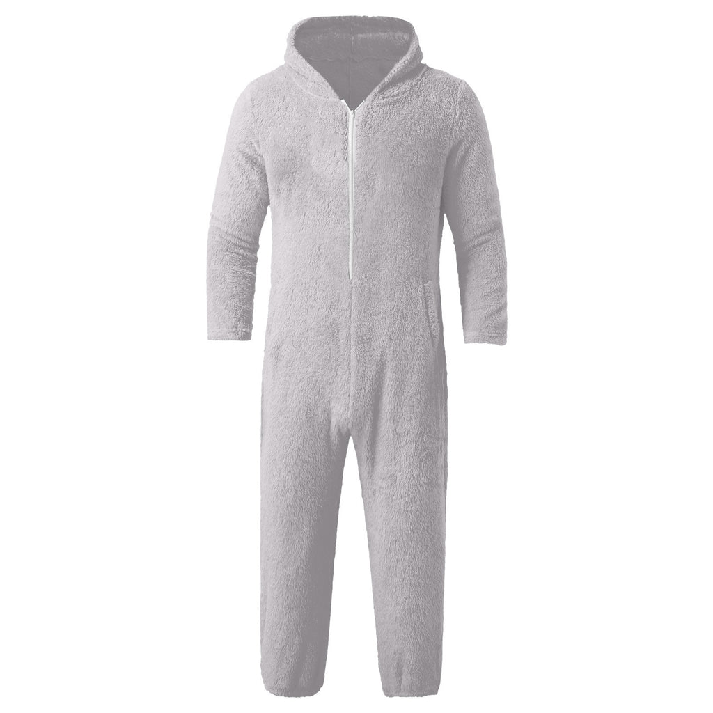 2022 Cross-border Europe and America Amazon Solid Color Thickened Double-sided Fleece Hooded Jumpsuit Casual Couple Home Wear