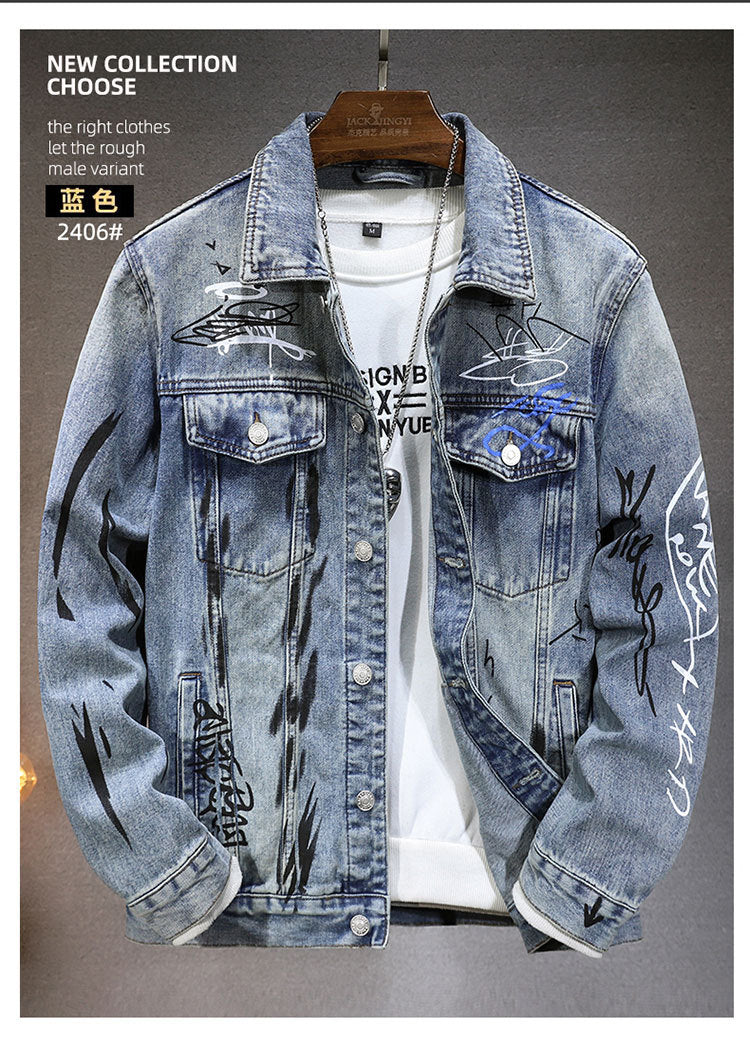 Cross-border new all-matching men's jacket spring and autumn high-end European and American fashion brand graffiti printing fit Denim coat for men