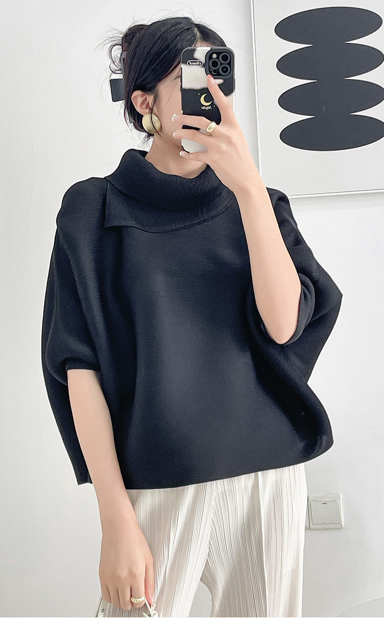 2026 Pleated Lapel Batwing Sleeve Top for Women, Spring and Autumn Style, Loose Fit, Plus Size, Long Sleeve, Pleated Solid Color Base Shirt T-Shirt