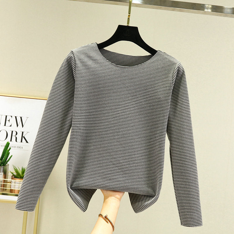 Crewneck Striped Base Shirt Women's Inner Wear Fall/Winter German Velvet 2022 New College Style Long Sleeve T-Shirt Warm Top