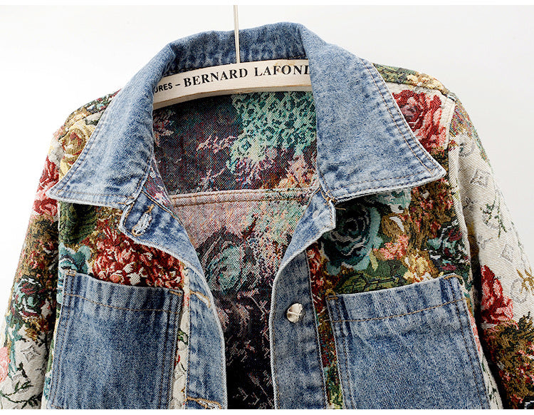 2024 Spring New All-match Printed Stitching Long Sleeve Lapel Denim Coat Women's Short Small Top Jacket