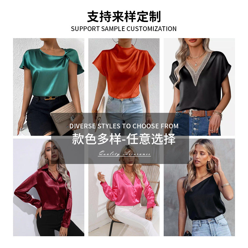 Half Open Collar Bow Satin Top Niche Design Satin Women's Clothing Amazon Cross-border European and American New T-shirt