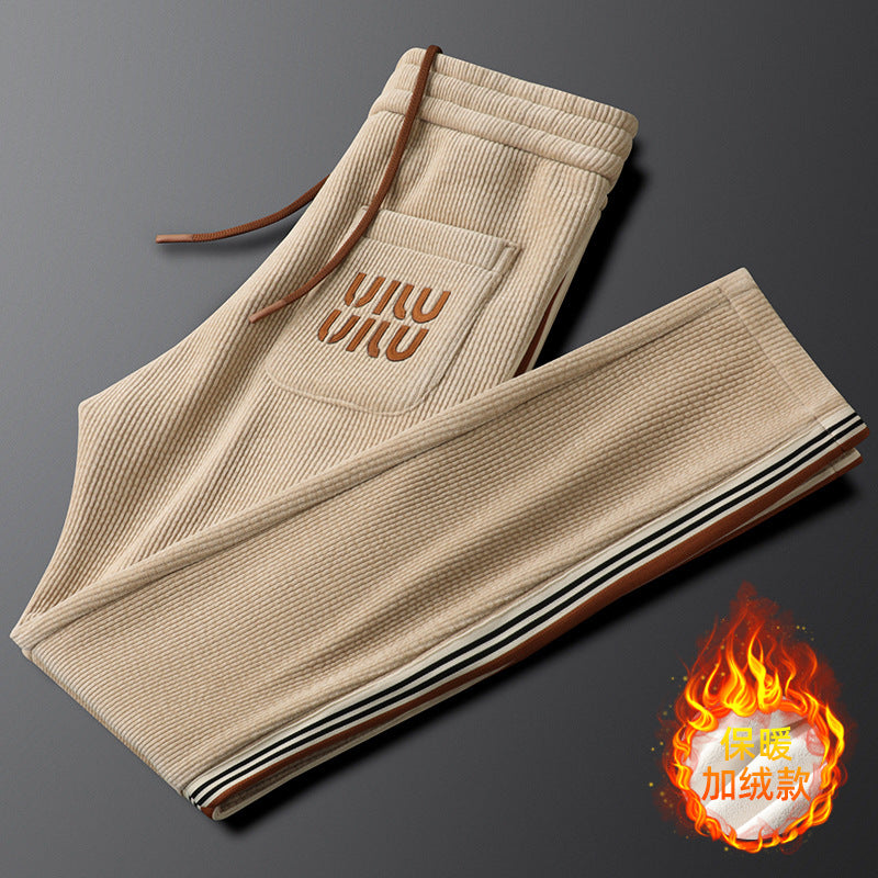 Light Luxury creamy-white fleece-lined Thickened Corduroy Casual Pants Men's Slim-fit Small Straight Pants Autumn and Winter Men's Sports Pants