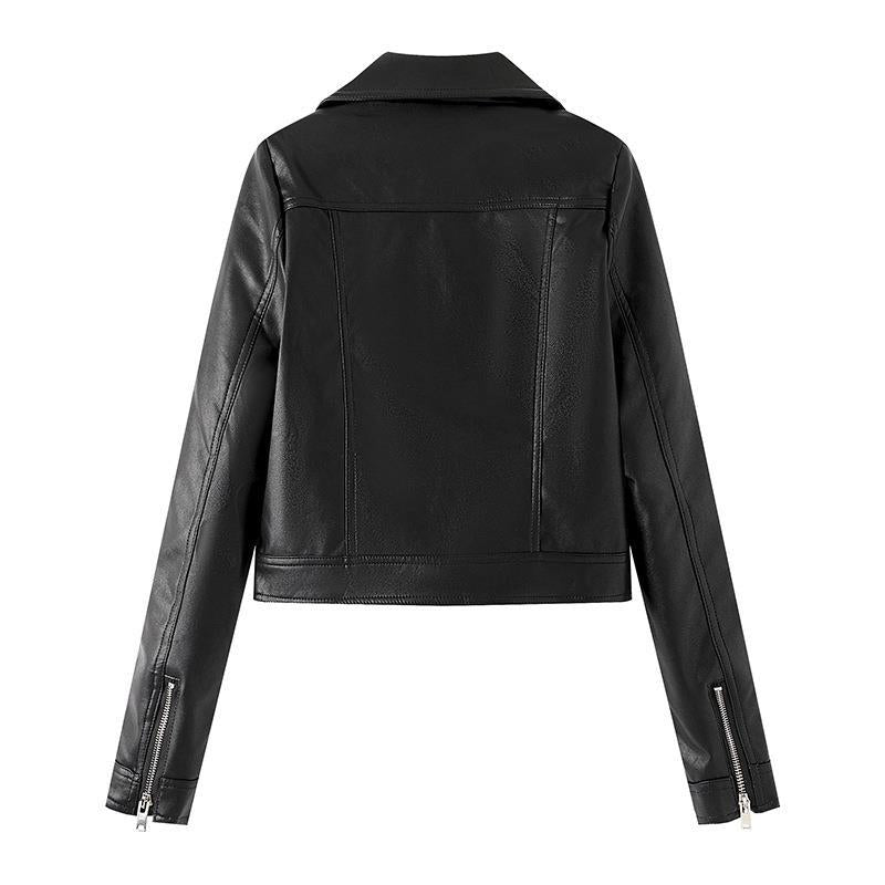 Spring New Long-Sleeved Zipper Suit Collar Solid Color Temperament Motorcycle Jacket Leather Jacket for Women