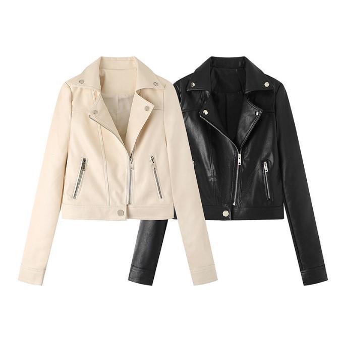 Spring New Long-Sleeved Zipper Suit Collar Solid Color Temperament Motorcycle Jacket Leather Jacket for Women