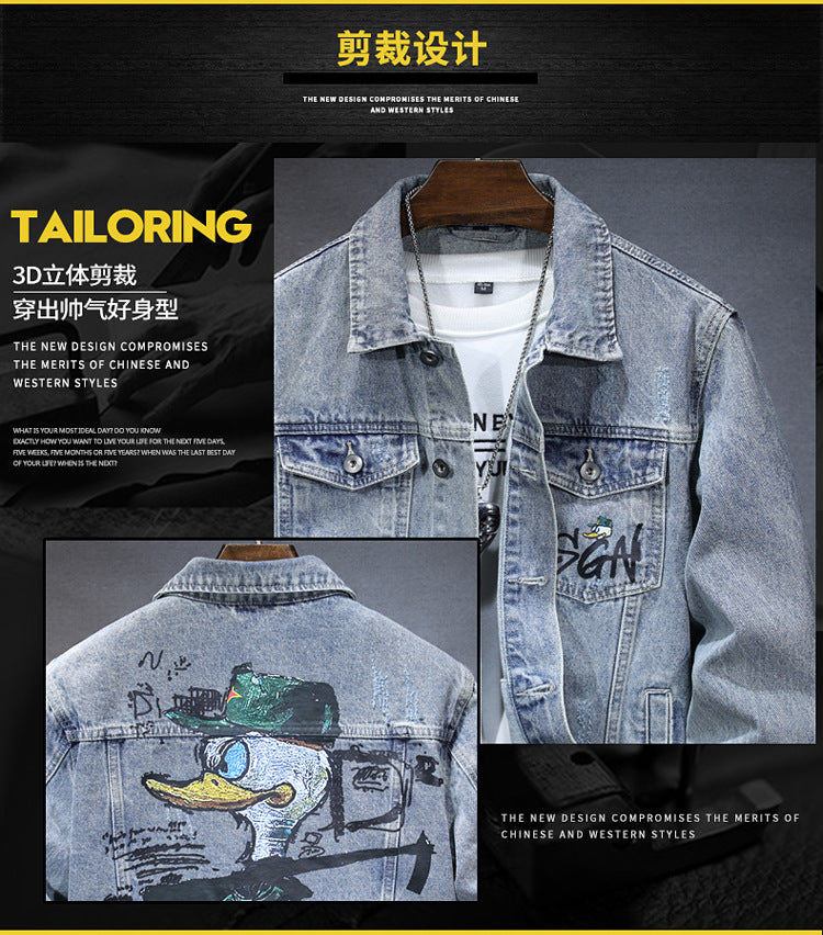 Autumn 2024 Men's Denim Jacket Coat Printed Casual Handsome Fashion Brand All-match Top Men's Jeans