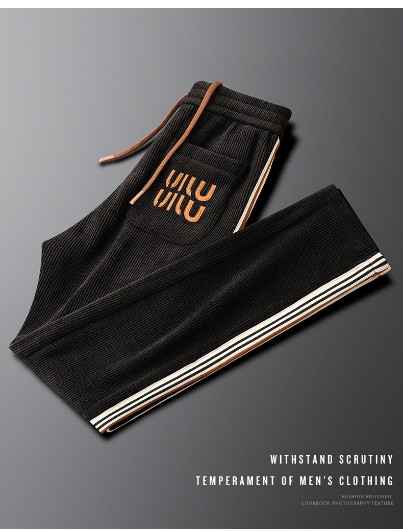 Light Luxury creamy-white fleece-lined Thickened Corduroy Casual Pants Men's Slim-fit Small Straight Pants Autumn and Winter Men's Sports Pants