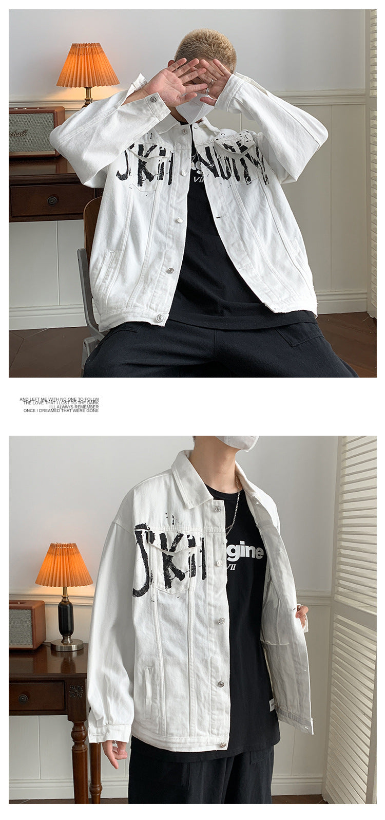 Autumn American graffiti letter printing handsome high street Denim jacket men and women couple all-match youth loose jacket