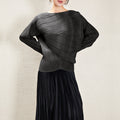 Miyake Irregular Long Sleeve Top Women's 2025 Spring and Autumn Design Solid Color Loose Casual Easiest for Match Bat Sleeve T-Shirt