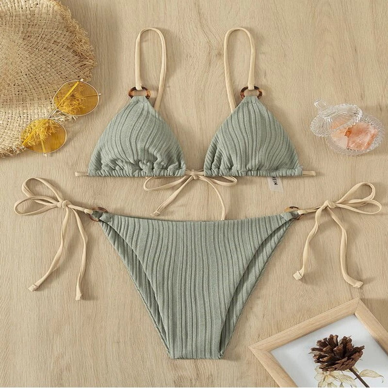 2024 New Ins Swimsuit for Women Split Bikini Two-Piece Set Fairy Style Sexy Pure Color Lace-Up Swimsuit for Women