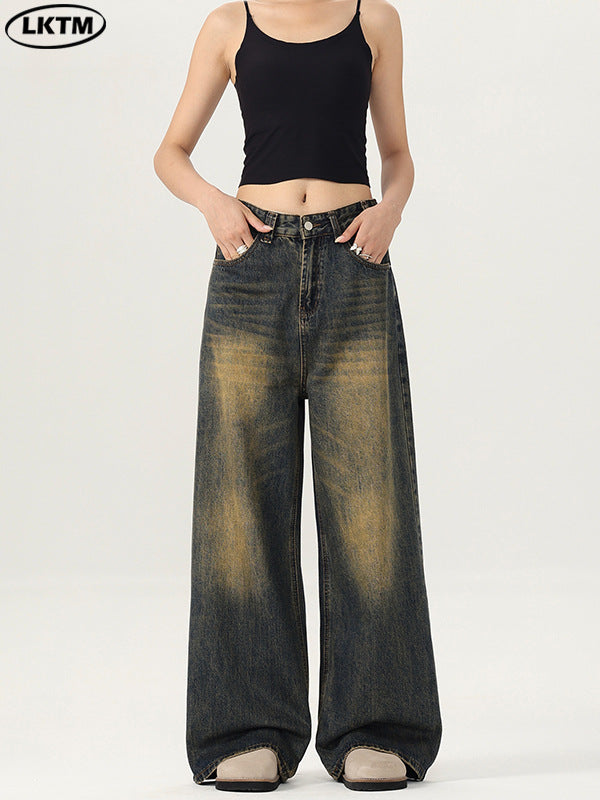 LKTM Men's# American Street Retro Mud Dyed Old Jeans Men's and Women's Trendy Brand Loose Straight Pants