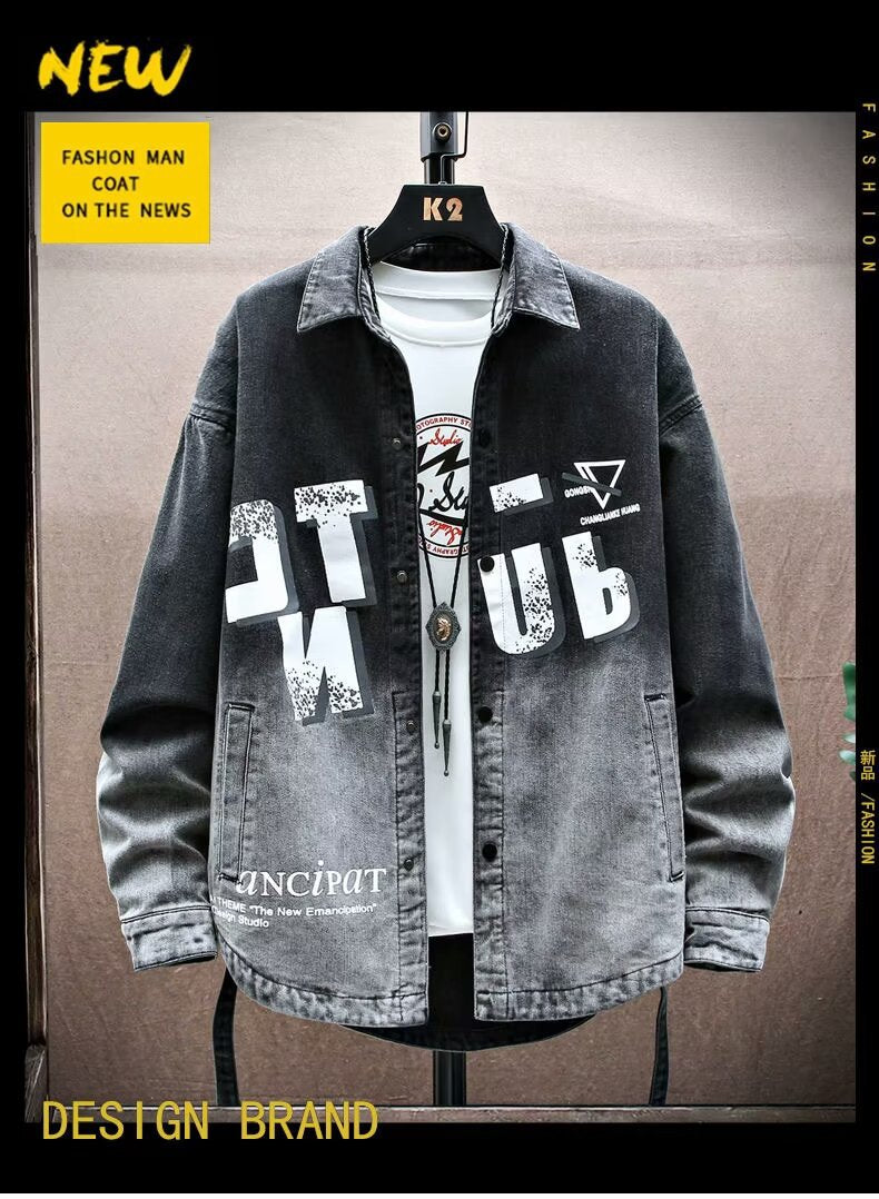 Black American Style Denim Jacket Men's Spring and Autumn New Fashion Brand Loose Printed Retro Jacket for Boys