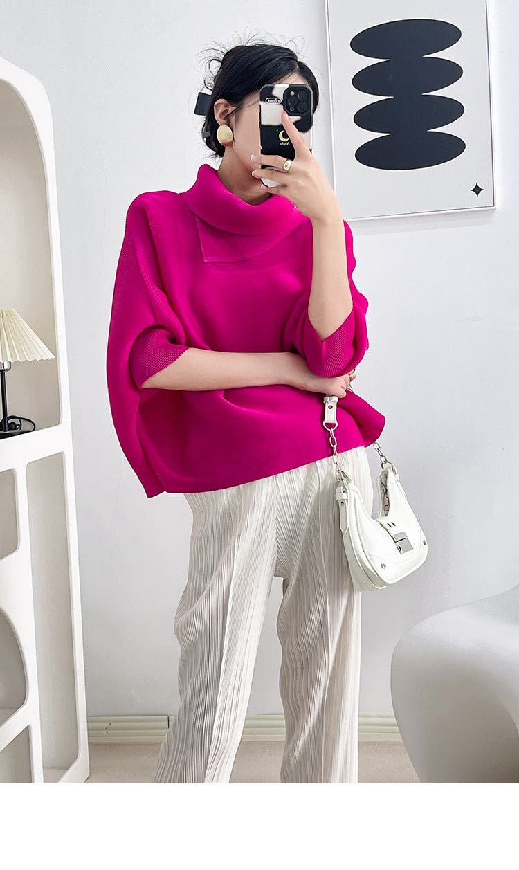 2026 Pleated Lapel Batwing Sleeve Top for Women, Spring and Autumn Style, Loose Fit, Plus Size, Long Sleeve, Pleated Solid Color Base Shirt T-Shirt