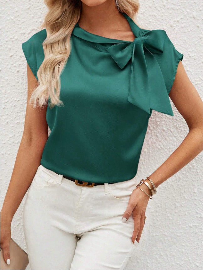 Half Open Collar Bow Satin Top Niche Design Satin Women's Clothing Amazon Cross-border European and American New T-shirt